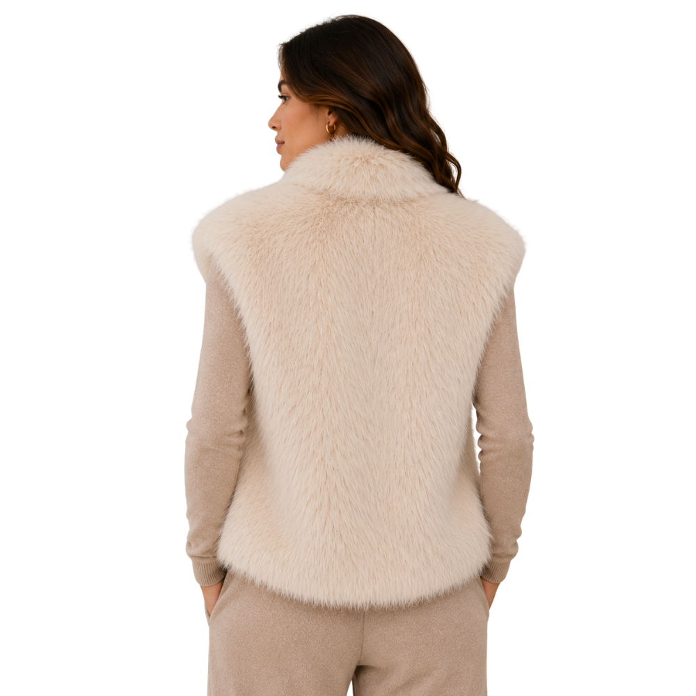 Ivory plush faux fur zip-up vest for women