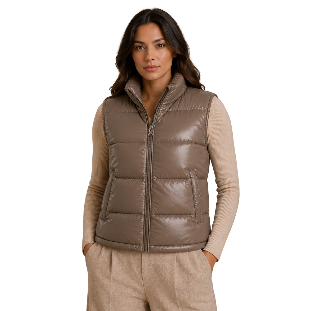 Women's taupe puffer vest with stand collar and zip closure