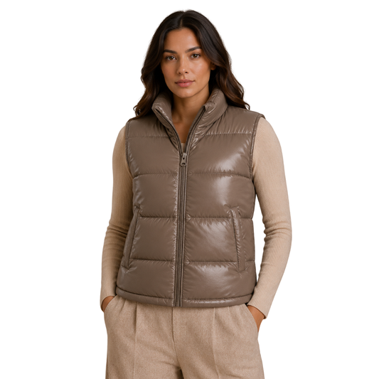 Women's taupe puffer vest with stand collar and zip closure