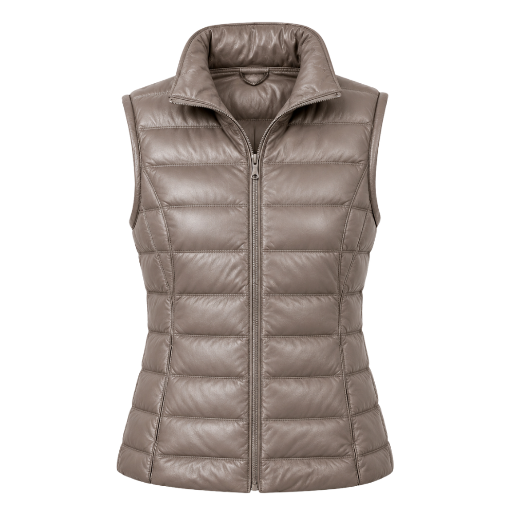 Women's zip-up leather gilet with stand collar