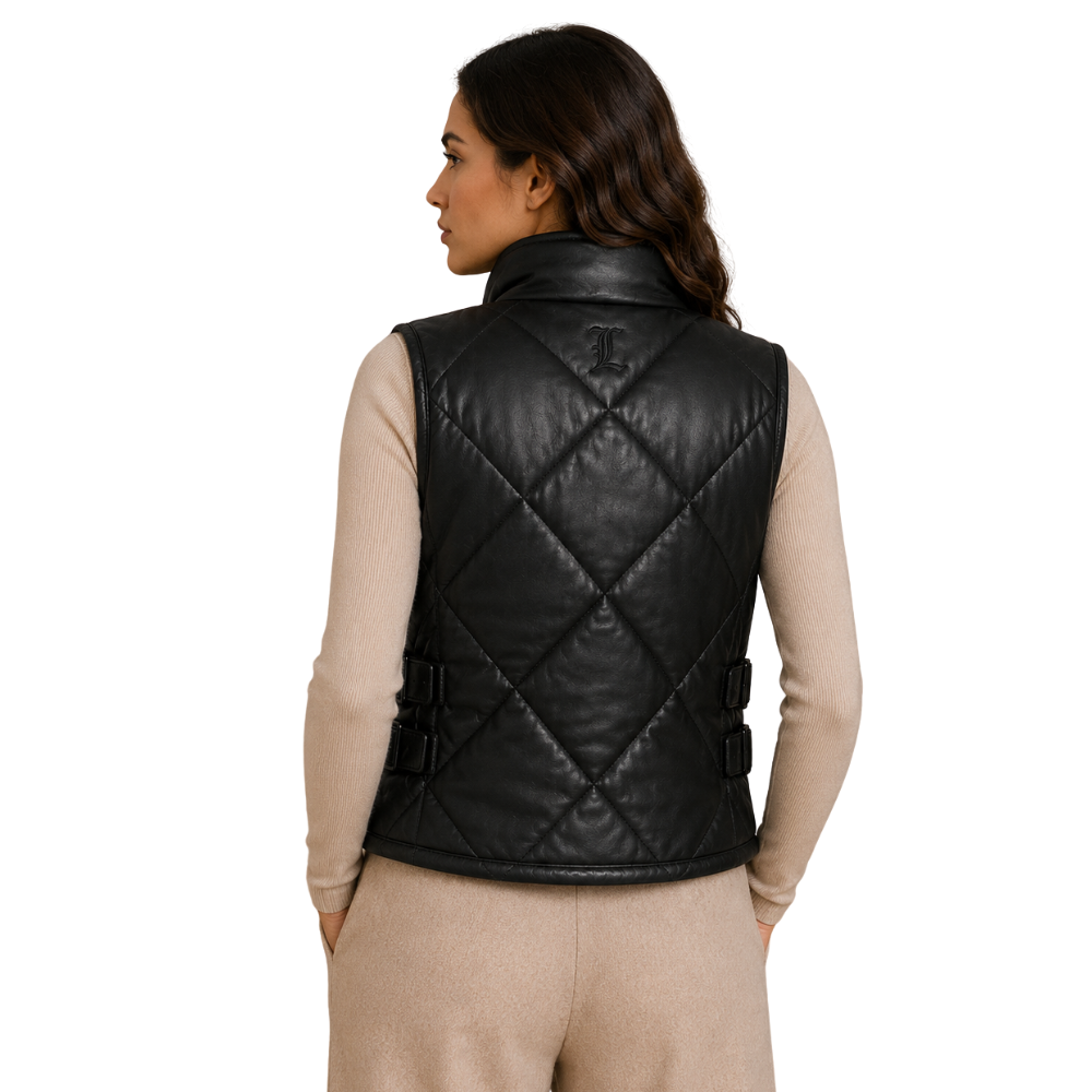 Quilted black leather vest for women featuring a stand collar