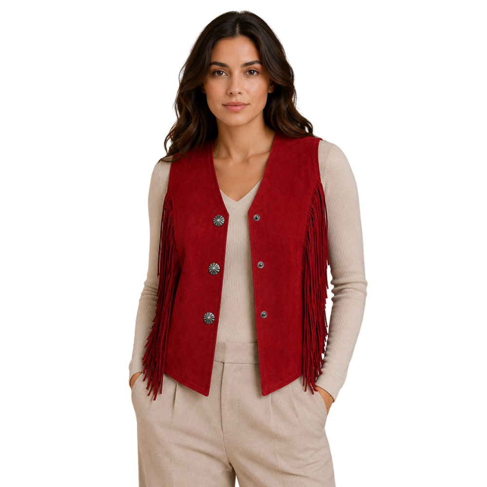 Women’s red fringe western vest front view