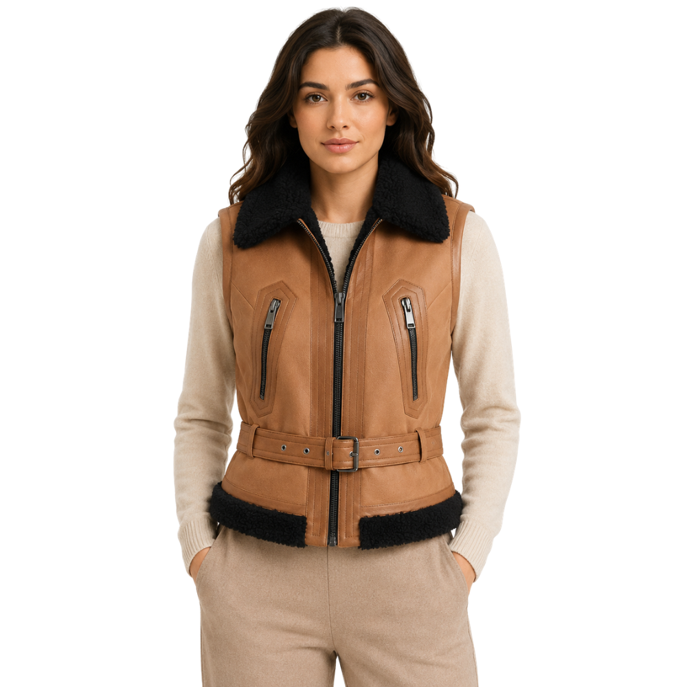Women’s tan shearling sheepskin leather vest front view