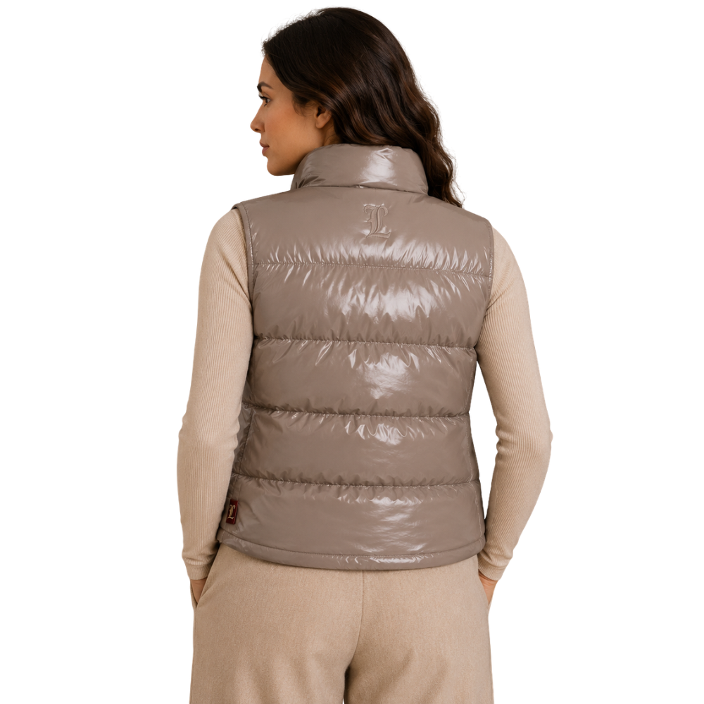 Taupe sheepskin leather puffer vest for women with zip closure