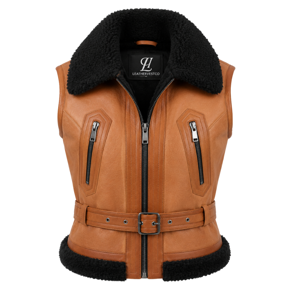 Premium women’s shearling fur vest in tan color