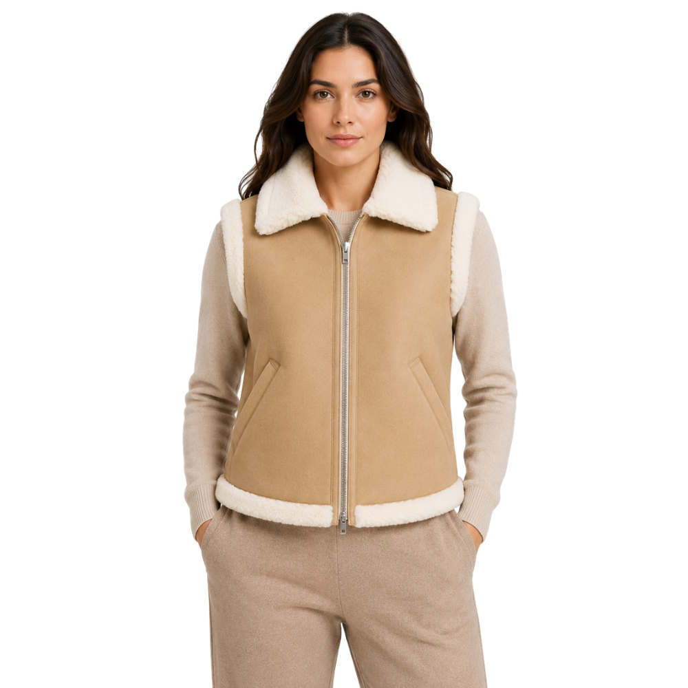 Women’s beige sherpa faux fur vest front view