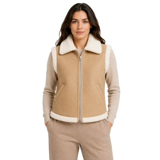 Women’s beige sherpa faux fur vest front view