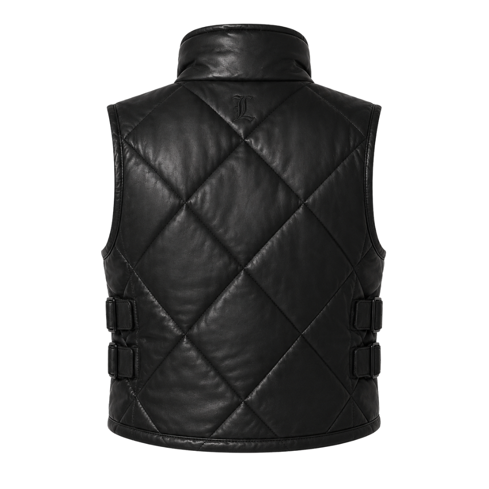 Women's diamond quilted leather outerwear vest in black