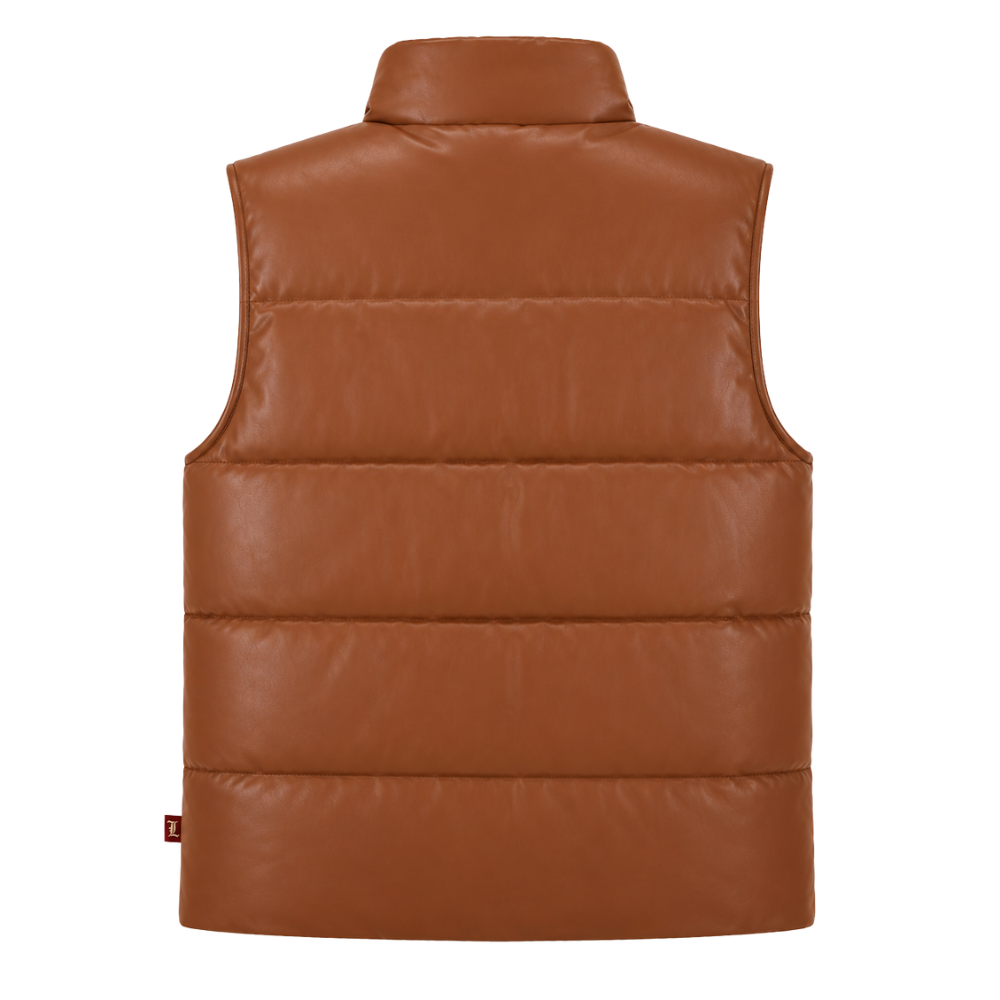 Brown winter puffer vest for women with side pockets
