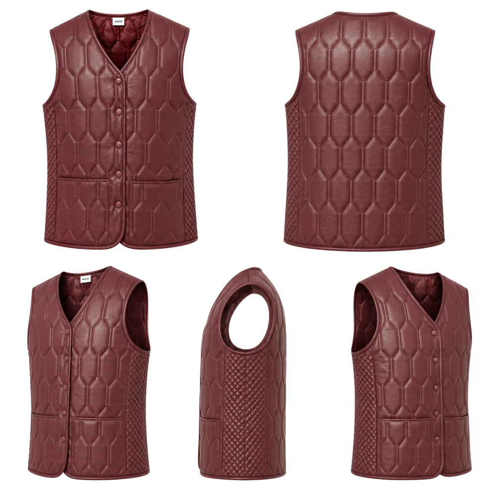 Diamond stitched leather vest in burgundy color