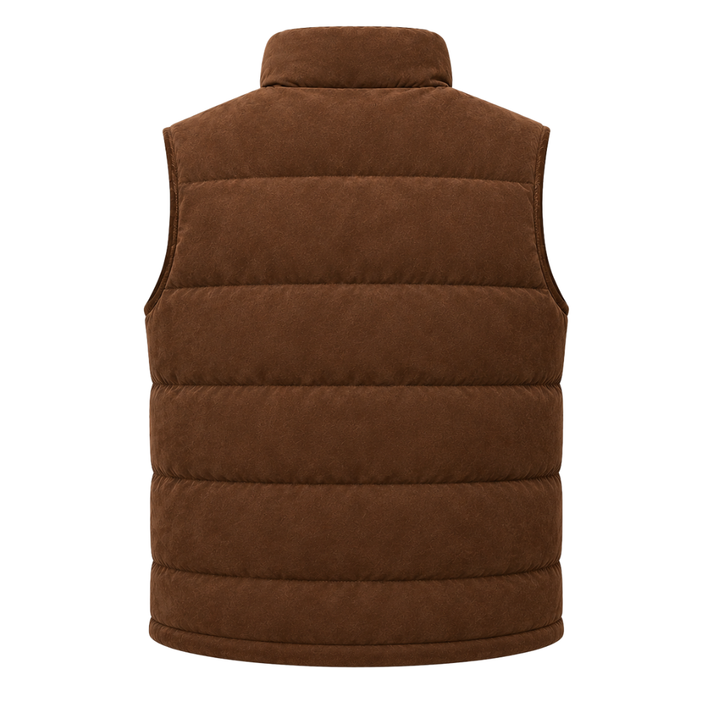 Casual women's brown winter vest with stand-up collar