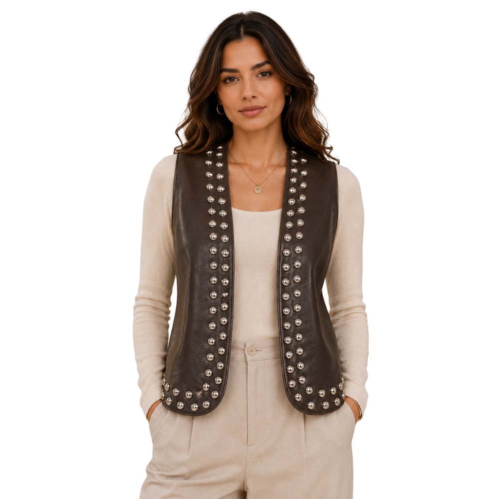 Women’s studded western leather vest front view