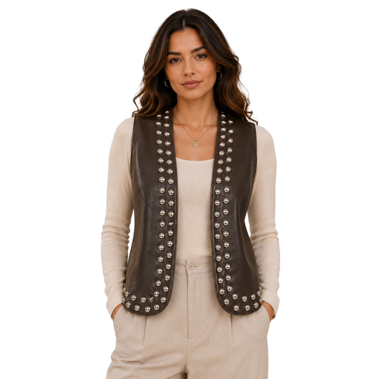Women’s studded western leather vest front view