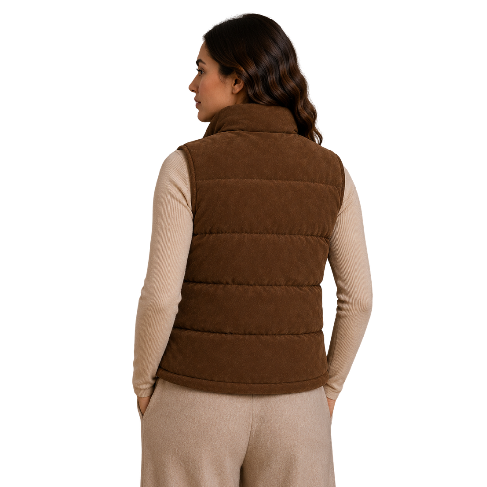 Brown suede leather puffer vest for women with front zipper closure