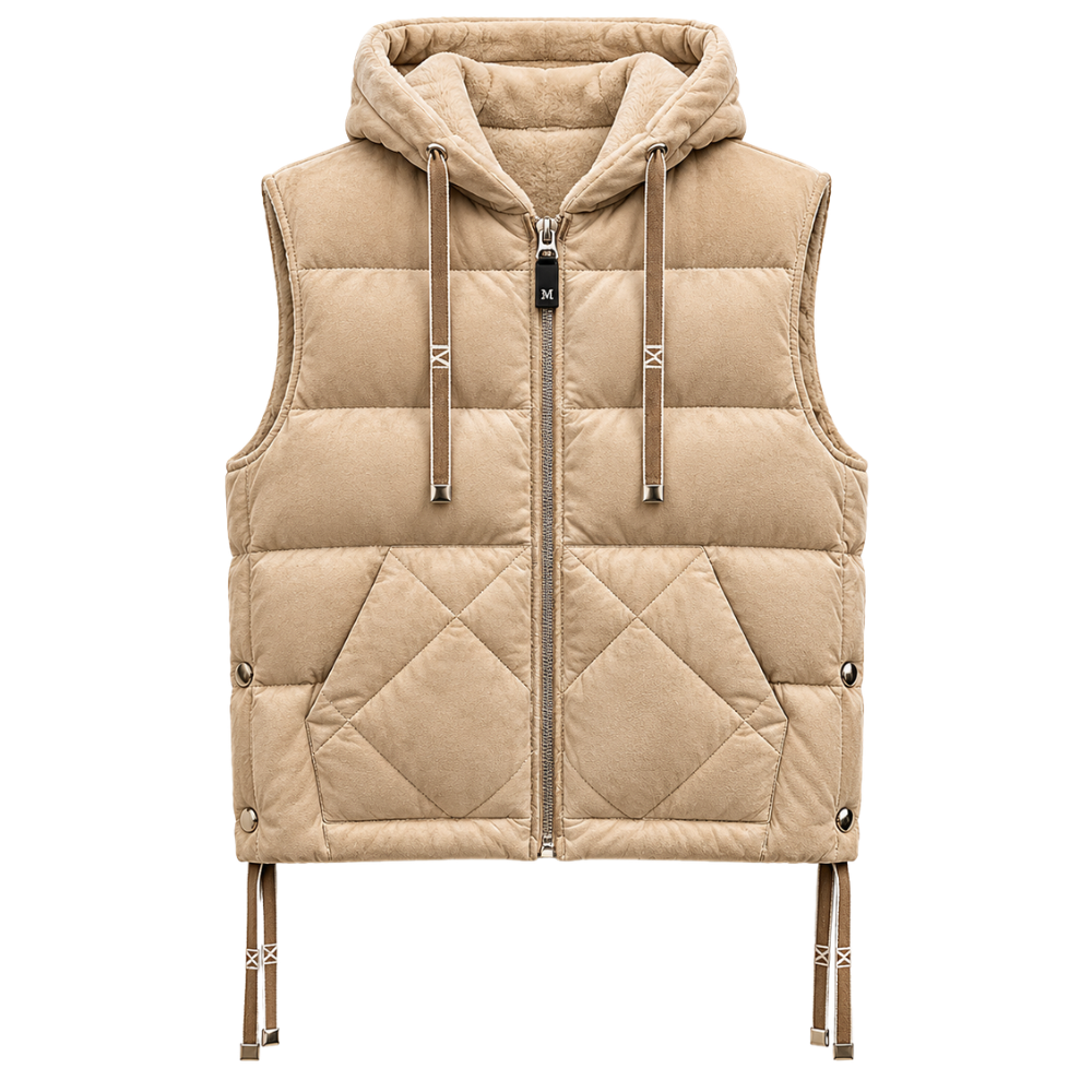 Beige sleeveless suede puffer jacket for women