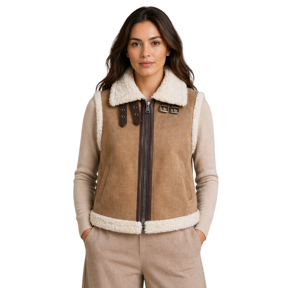 Women’s tan aviator-style vest with faux-shearling lining and buckle details