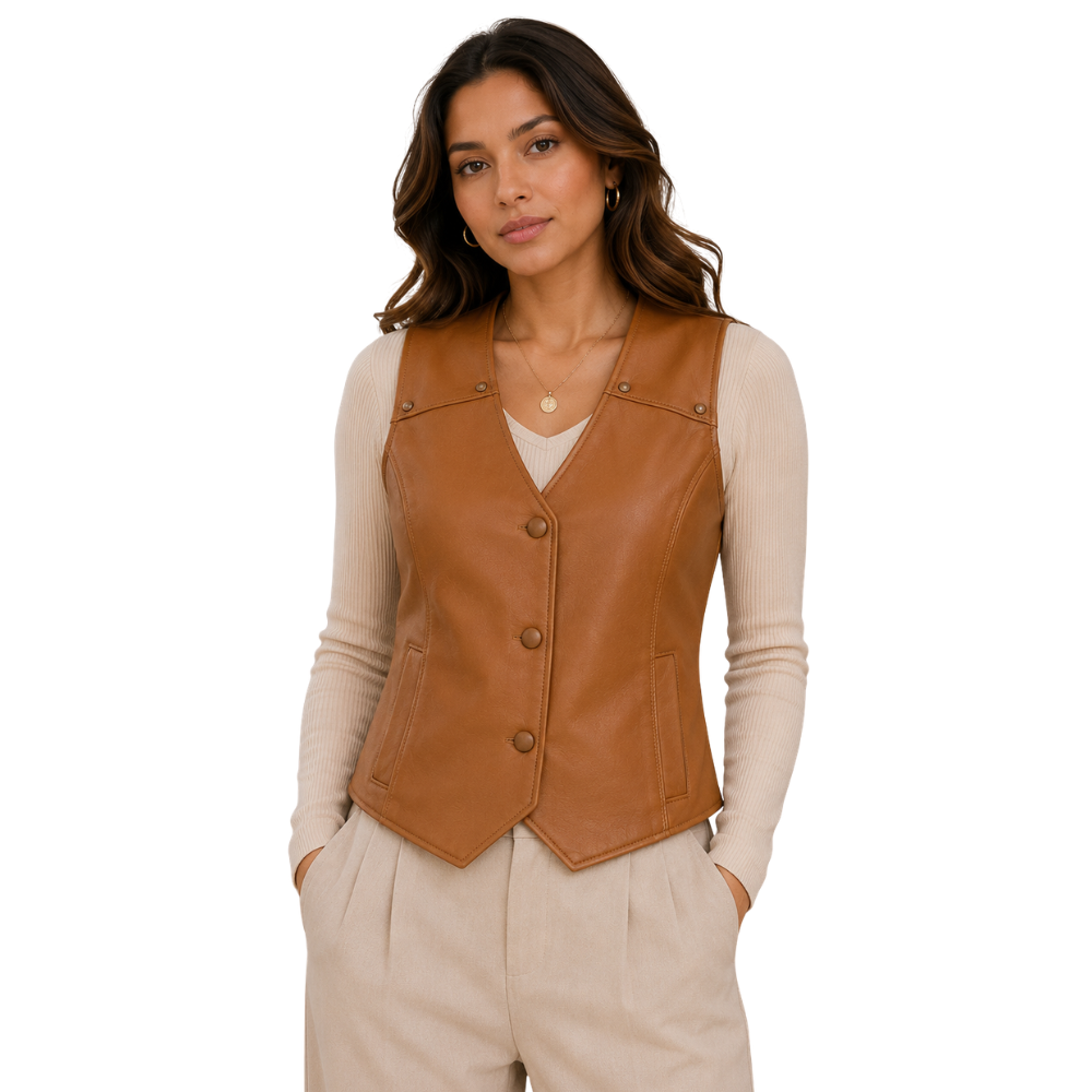 Women’s tan leather vest front view