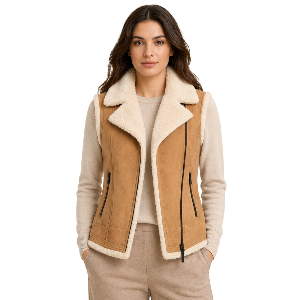 Women’s tan suede vest with fur lining, front view