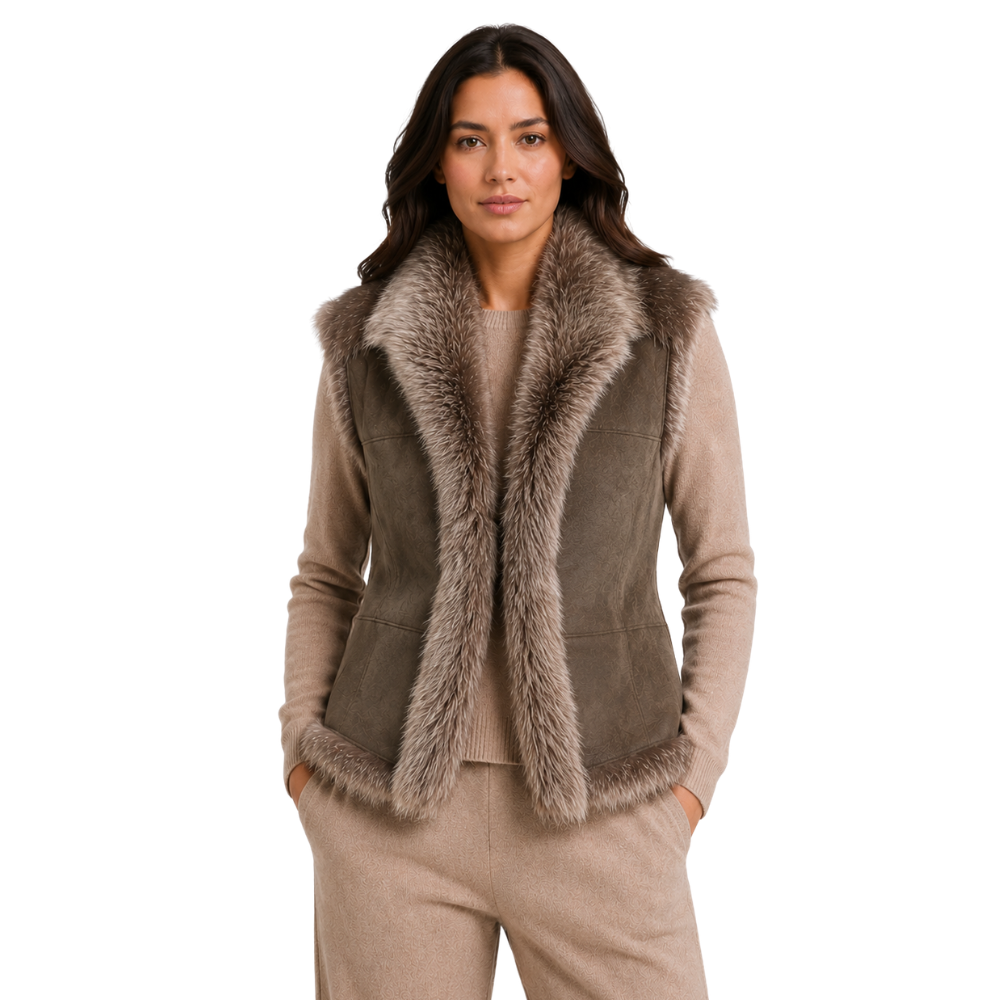 Women’s taupe faux fur leather vest front view