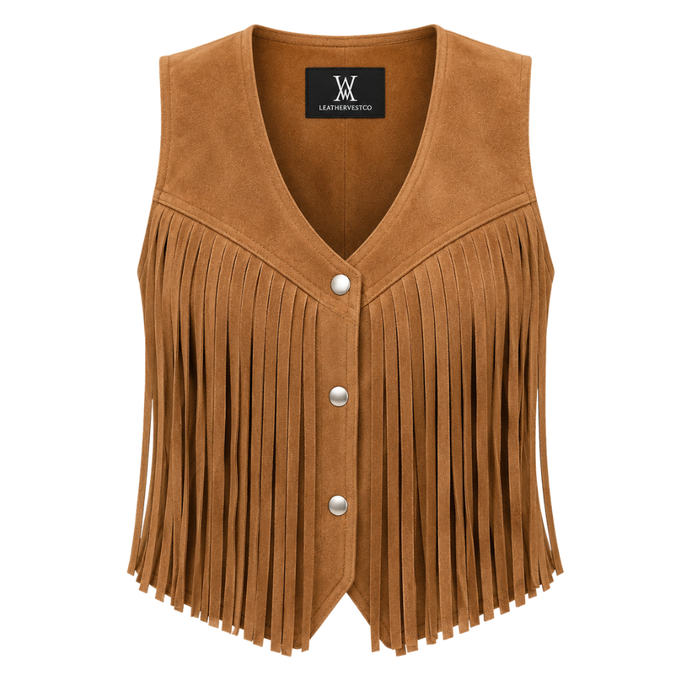Brown western-style fringe vest for women