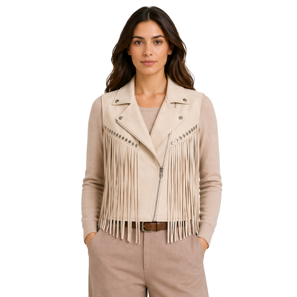 womens white suede fringe Abby leather vest