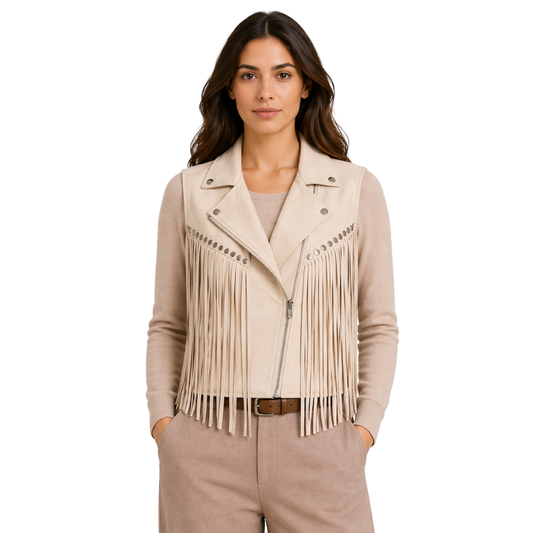 womens white suede fringe Abby leather vest
