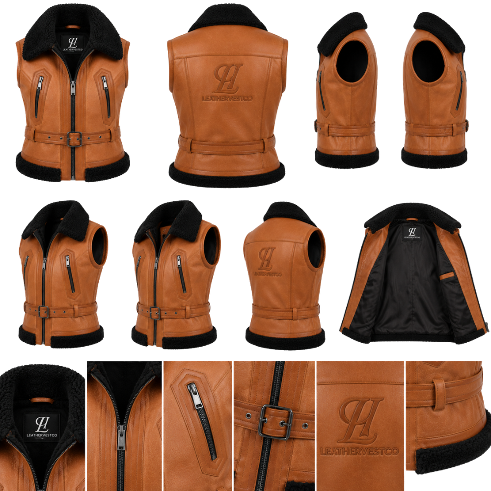 Luxury sheepskin leather waistcoat with zipper closure