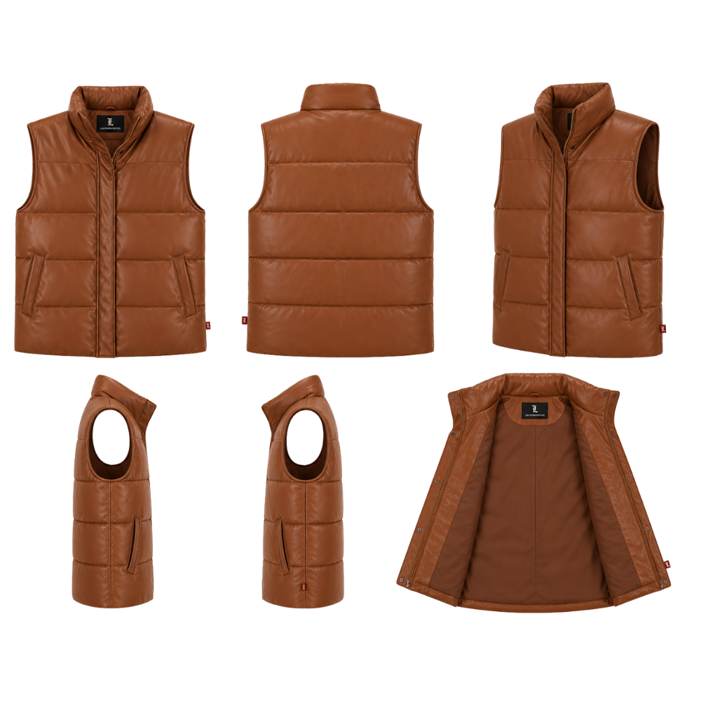 Women's insulated leather outerwear vest in brown color