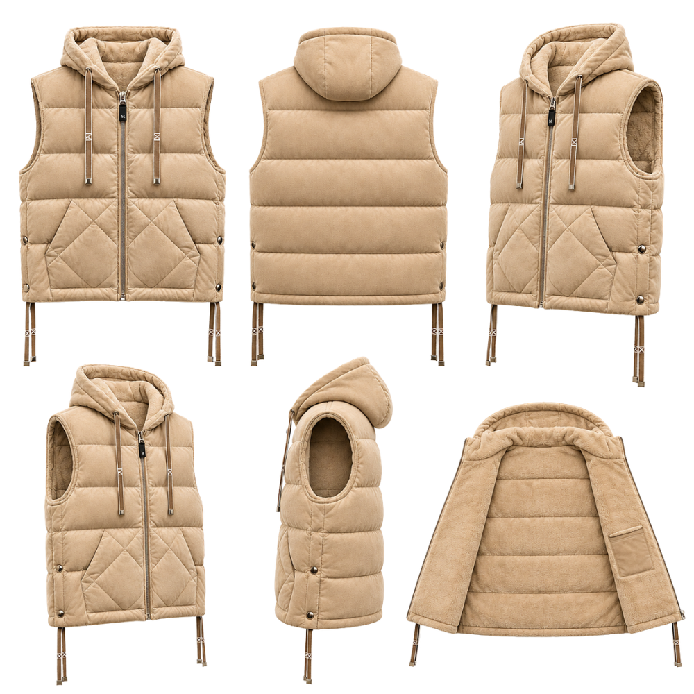 Women's winter suede gilet featuring adjustable drawstrings