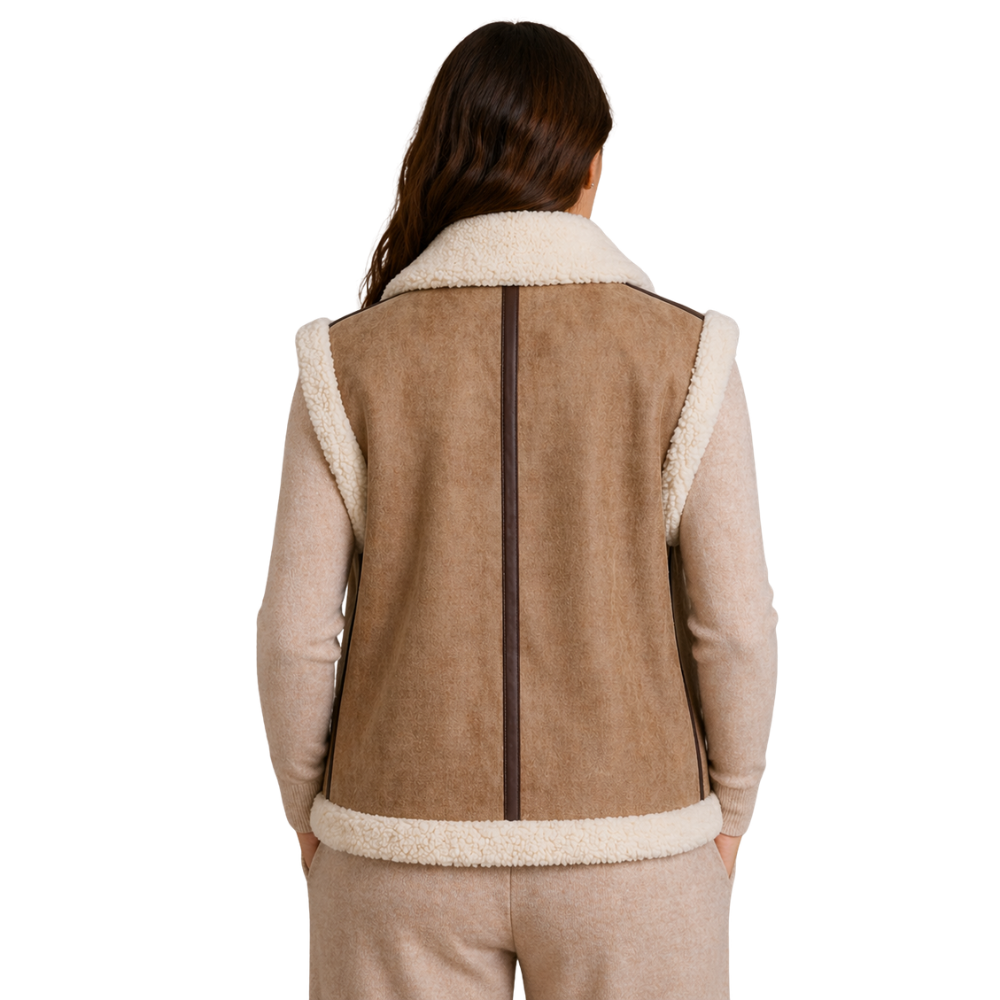 Zip-up suede vest with fur trim and aviator buckle accents