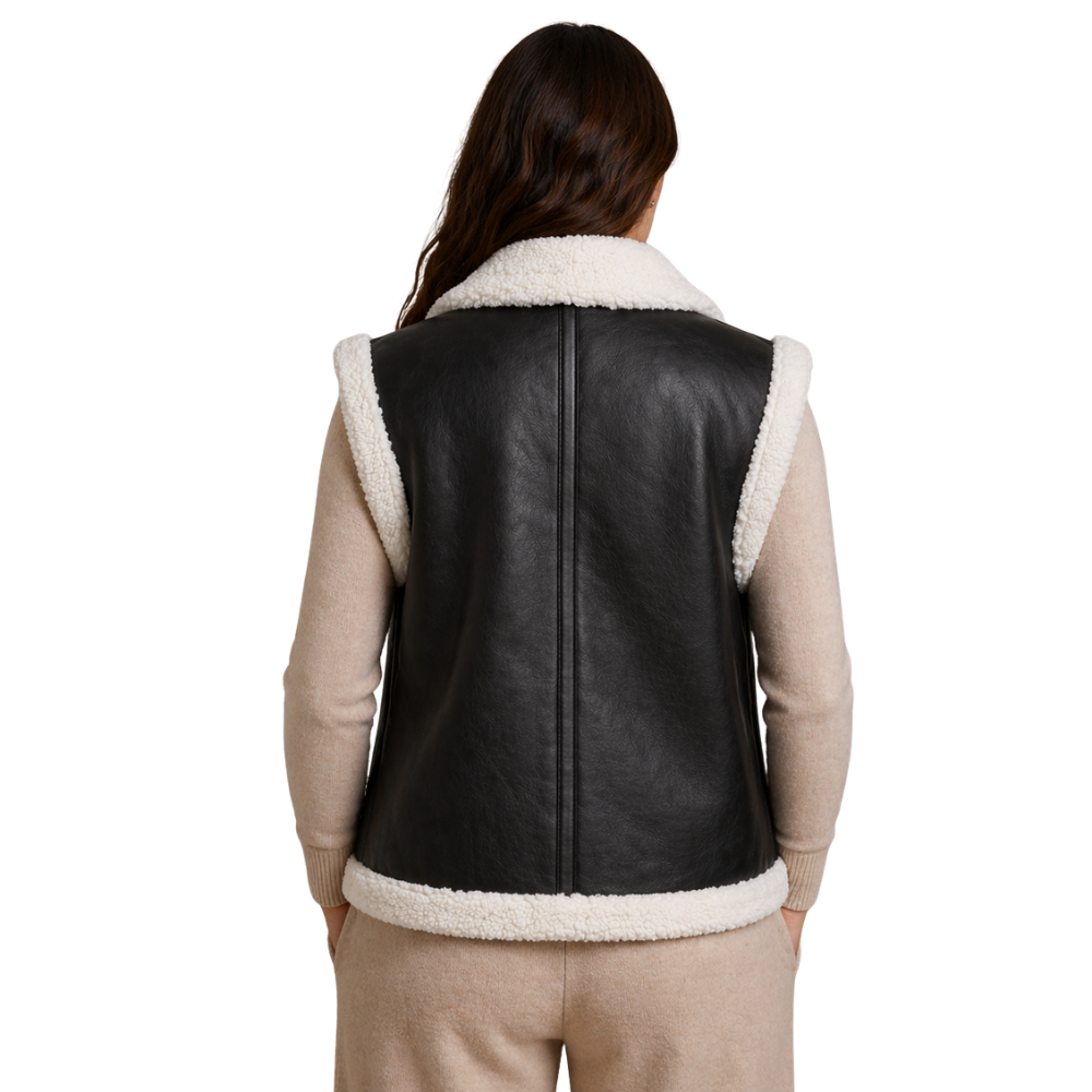 Zip-up black vest with faux-shearling lining and buckle accents