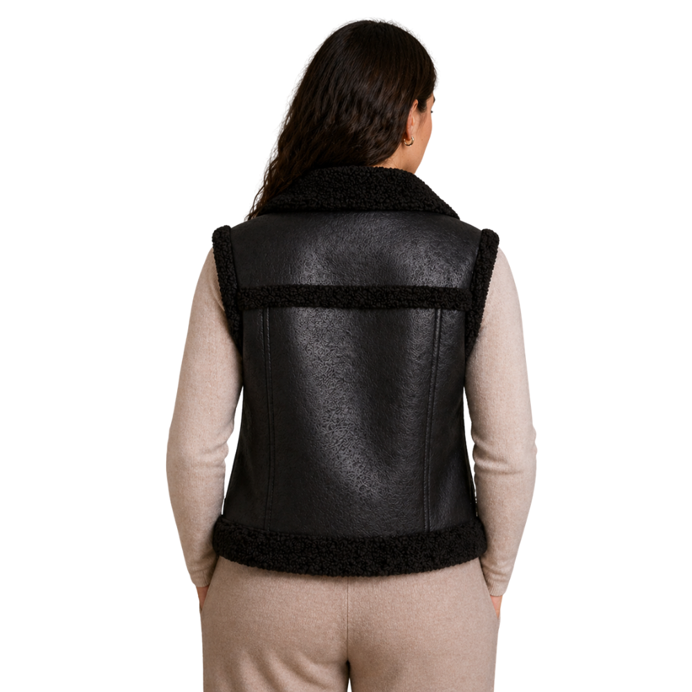 Black sleeveless vest with faux-shearling lining and side pockets
