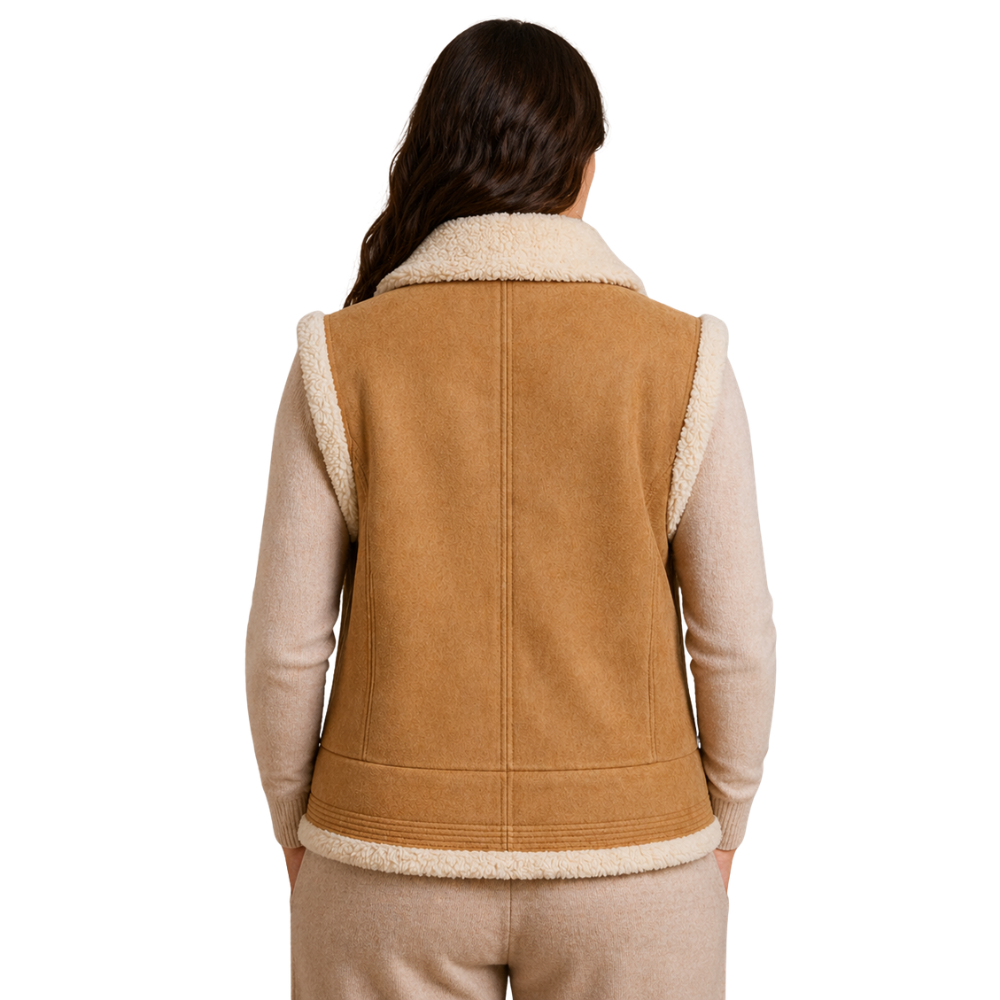 Zip-up suede vest with cozy fur trim and side pockets